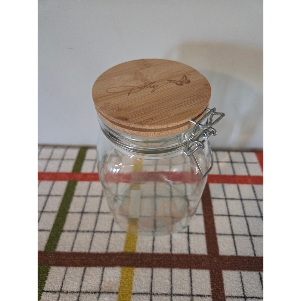 Dolly Parton Glass Butterfly Storage Jar with Bamboo Lid and Airtight Clamp
